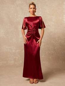 Lumalex Early Satin Sheen V-Neck Ruffle Hem Short Sleeve Gathered Straight Dress For Women Luxury NewYearNewLook QuietLuxe Prom Gathering Party Banquet Modest Old Money Glitter Holiday Party Rave Festival Outing Vacation Hot Outdoor Richly Layered Wedding Season Banquet ID Al-Adha Al-Adha Party New Year Looks Of Party Party Dress For Autumn Rehearsal Dinner Dress Regular Size Women Dress Reception Gown Elegant Dresses For Ladies Special Occasion Women Dress Formal - Red - View 2
