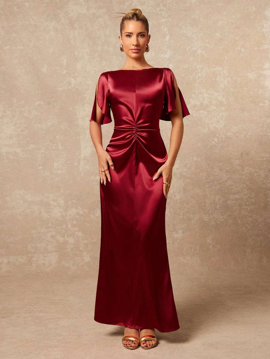 Lumalex Early Satin Sheen V-Neck Ruffle Hem Short Sleeve Gathered Straight Dress For Women Luxury NewYearNewLook QuietLuxe Prom Gathering Party Banquet Modest Old Money Glitter Holiday Party Rave Festival Outing Vacation Hot Outdoor Richly Layered Wedding Season Banquet ID Al-Adha Al-Adha Party New Year Looks Of Party Party Dress For Autumn Rehearsal Dinner Dress Regular Size Women Dress Reception Gown Elegant Dresses For Ladies Special Occasion Women Dress Formal