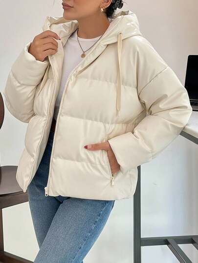 EURMUSE Women's Casual Everyday Commute Simple Solid Color Drop Shoulder Loose Zip-Up Drawstring Hooded Padded Coat, Winter