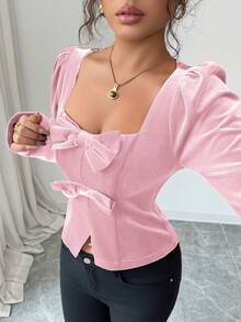 Elenzga Blusa corta de ajuste ceñido con mangas abullonadas, decorada con lazo de terciopelo de unicolor, elegante para uso casual, ir al trabajo, vacaciones, té de la tarde, fiesta de Navidad