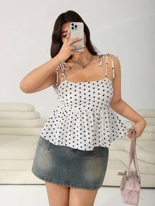 Solflare Plus Size Polka Dot Print Sleeveless Tank Top,Fall,Summer,Babydoll - Black and White - View 3
