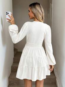 Easowa Linen Layered Tiered Dress For Women White Vacation Dress White Ruffle Dress Long Sleeve White Dress White Casual Dress White Mini Dress Suitable For Autumn/Winter - White - View 4