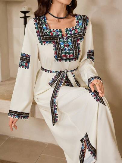 Al Najma Women's Floral Print Long Sleeve Tie Waist Elegant Arabic Dress