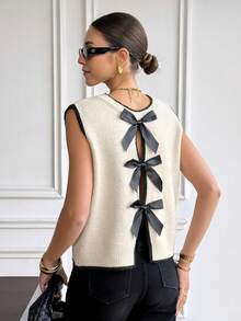 SHEIN Frenchy 女士撞色蝴蝶结装饰无袖针织上衣 - 彩色 - 查看 4
