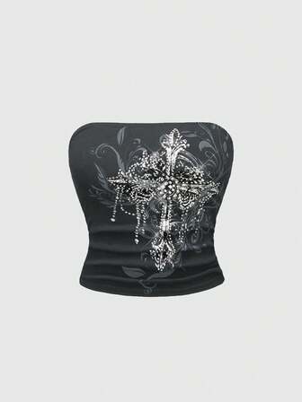 Grunge Punk Top corto de cuello halter con cruz en relieve y decoración de rhinestones, estilo Y2K