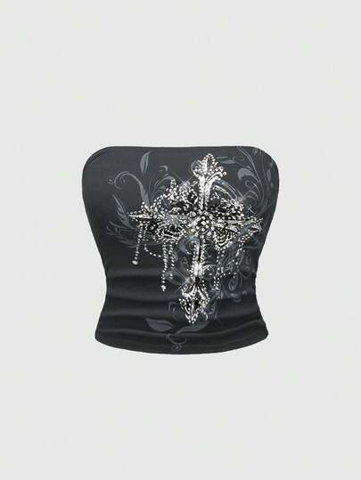 Grunge Punk Top corto stile Y2K con collo alto, decorato con croce in rilievo e strass