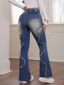 SHEIN ICON Jeans de pierna acampanada con efecto desgastado y ajuste delgado para mujer - Azul - Ver 2