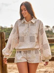 WESTFADE Sweat-shirt-shirt Henley matelassé à manches longues, coupe décontractée, avec boutons-pression, col, patchwork floral. Top tricoté mignon, pour l'hiver, style boho, western, les fêtes, Noël, Nouvel An, Nashville Cowgirl, décontracté - Rose bonbon - Voir 5
