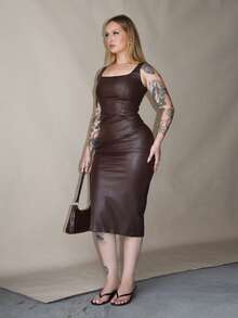 Arliah Robe en PU marron pour femme, robe de cocktail d'anniversaire, robe élégante d'hiver et d'automne pour soirée, robe de cérémonie, robe de soirée chic pour mariage, tenue de sortie - Tabac - Voir 4