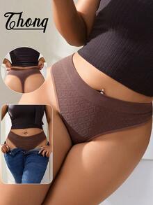 1 pieza Tanga sin costuras con patrón jacquard de unicolor minimalista de talla grande - Café integral - Ver 3