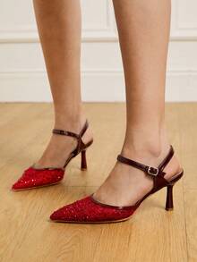 CUCCOO HITCHD Giày cao gót mũi nhọn cho nữ, chất liệu ren và đính đá, kiểu dáng thanh lịch, thích hợp cho tiệc tùng, dạ hội, đám cưới, kỳ nghỉ xuân, lễ Phục sinh, dạ hội Giáng sinh. - Màu Đỏ Sâu - Xem 6