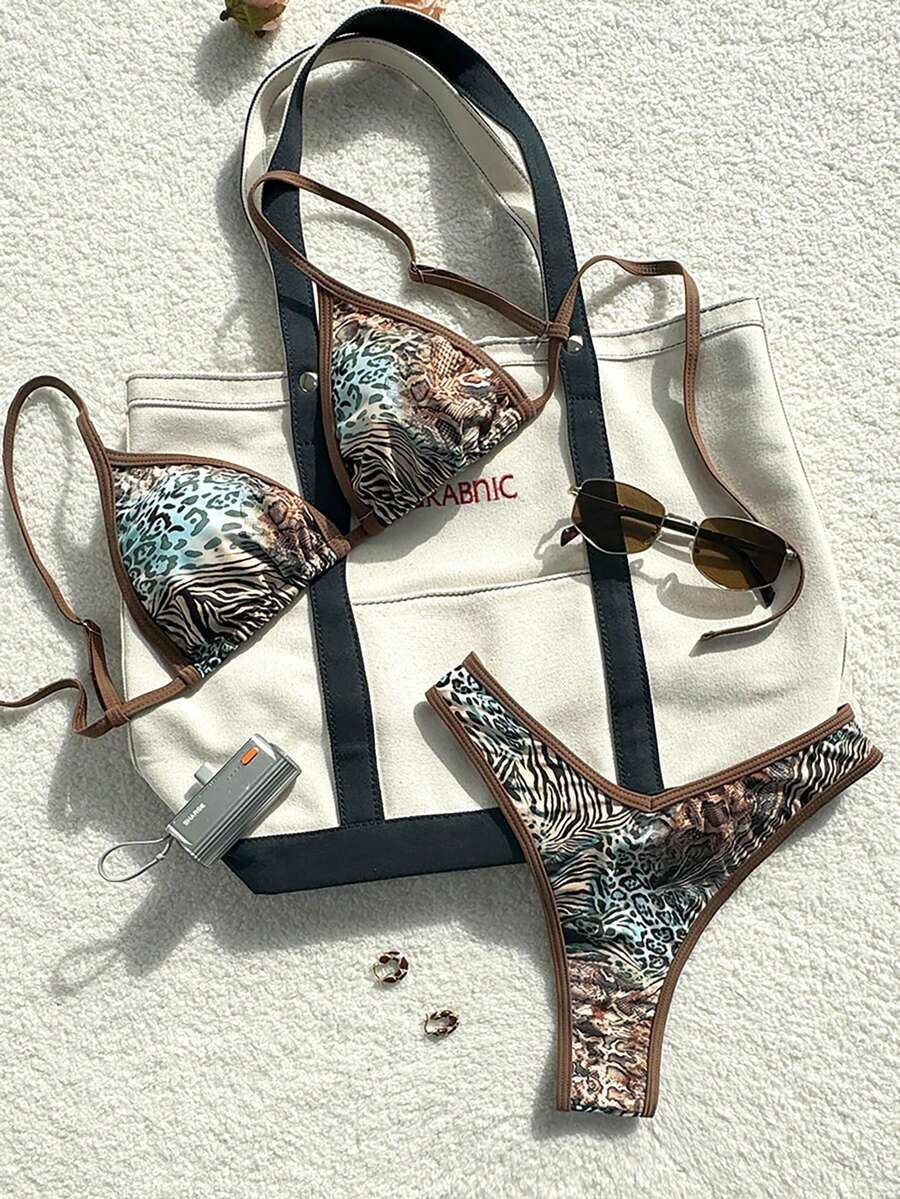 Swim Vcay 女士海滩夏季服装 2 件套：印花随机细肩带吊带豹纹性感上衣和侧系带下装比基尼套装 - 彩色 - 查看 1