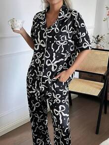 Dream Adore Bộ đồ ngủ tay ngắn in hình nơ và ngôi sao có cổ - màu đen - Xem 6