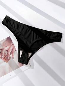 Women Casual Black Plain Slight Stretch Fabric Thong Panties - Black - View 2