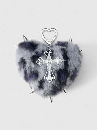 Kawaii 1 قطعة قلادة مفتاح Y2K ذات طابع رجعي أنيق بنمط فرو صناعي رمادي مطبوع بنقشة حيوان مزين بالنيتات والقلب البلوري المجوف والصليب، مناسبة للنساء، للاستخدام اليومي، هدية للمناسبات