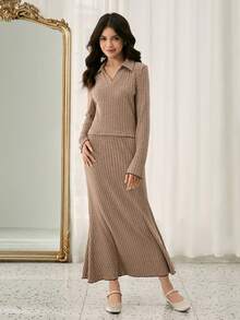 Teen Girl Elegant V-Neck Long Sleeve Dress,Mermaid Silhouette Maxi Khaki Ribbed Knit Brown,Autumn,Casual,Holiday Color Blocking Design On Hem,Spring - Khaki - View 3