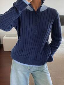 DAZY Women's Contrast Color Long Sleeve Button Half Placket Casual Sweater, Autumn/Winter - Blue - View 3