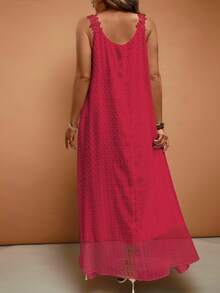 Breezaya Plus Size Women Vacation Lace Trim Solid Color French Style Dress - Red - View 2