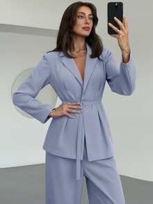 Aloruh Women's Simple Solid Color Lapel Collar Belted Blazer And Wide Leg Pants Suit Set, Suitable For Work And Commute, Spring/Autumn - Baby Blue - View 7