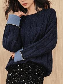 DAZY 女款休閒日常通勤落肩寬鬆麻花針織毛衣，秋冬校園風 - 霧霾藍 - 查看 7