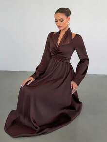 Siren Gaze 女士纯色V领长袖收腰性感蕾丝拼接连衣裙 - 咖啡 - 查看 4