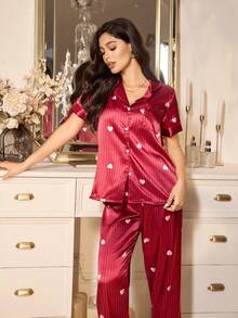 LuxeNights 女士缎面条纹心形印花翻领短袖睡衣套装 - 彩色 - 查看 5