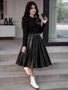 SHEIN 1 Stück Mädchen Rundhals Langarm Rippstrick Patchwork Blumen Saum Kleid, süß & damenhaft, Herbst - Schwarz - Übersicht 1