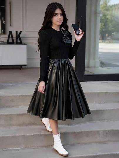 SHEIN Rochie de fete cu guler rotund, mânecă lungă, tricotată cu nervuri, model patchwork, cu tiv floral, dulce și elegantă, toamnă