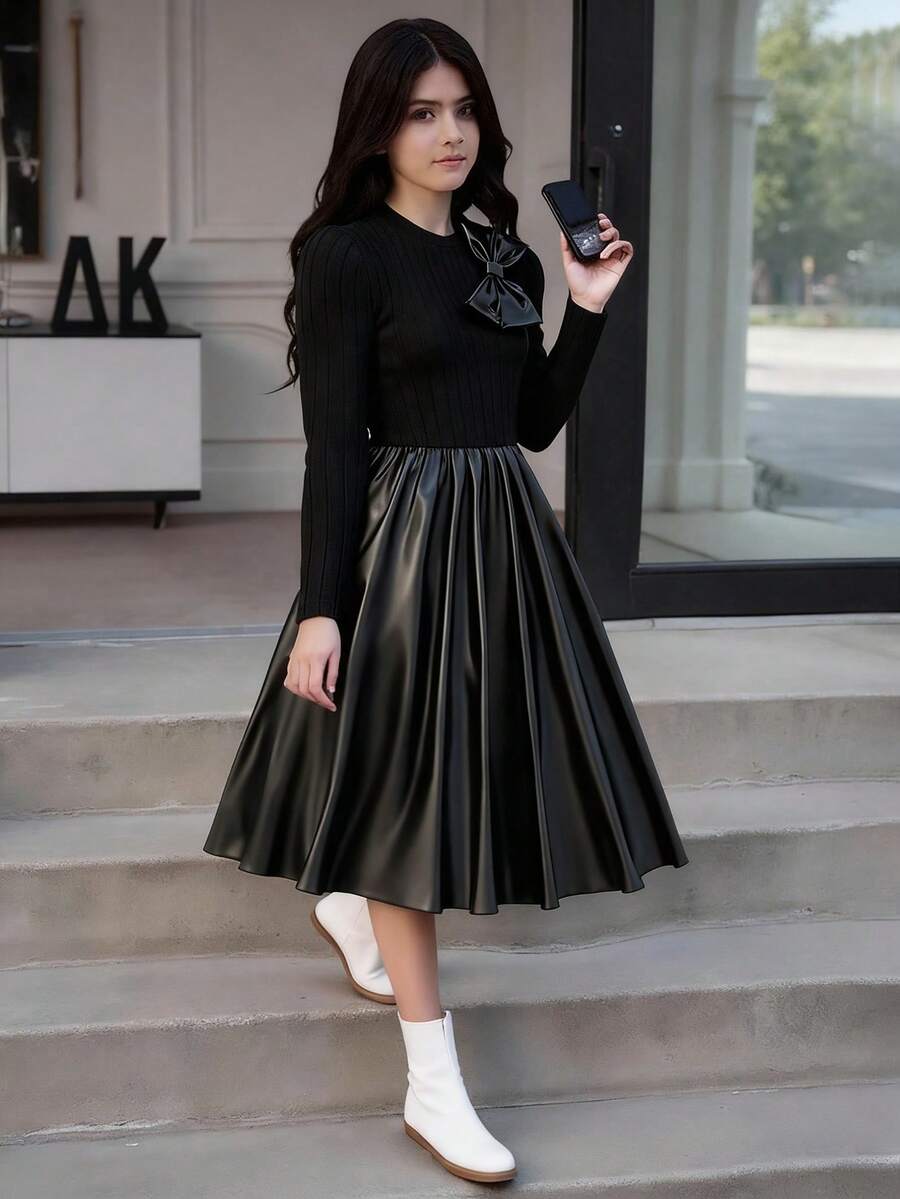 SHEIN 1 Stück Mädchen Rundhals Langarm Rippstrick Patchwork Blumen Saum Kleid, süß & damenhaft, Herbst - Schwarz - Übersicht 1