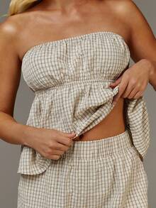 Athîral Women's Casual Beige Plaid Strapless Top And Pants Two-Piece Set,Black And White Checkered,Summer,Boho,Vacation,Plaid Woven Fabric Outfit,Co Ord Set - Beige - View 4