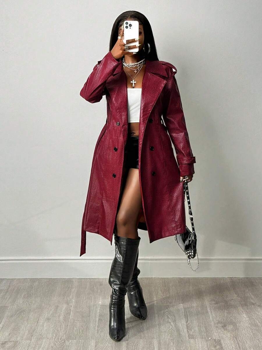 BamGleam Women's Fashion Commuter Crocodile Embossed Double-Breasted Coat Winter For Women Women's Winter Coat, Women's Winter,New Year Coat - Burgundy - View 1