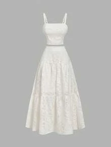 SHEIN MOD 两件套刺绣白色长款连衣裙，波西米亚风格，多层荷叶边下摆，适合约会、度假、野餐、海滩穿着，舒适百搭，情人节服装，女士海滩装，锐舞派对服装。 - 杏色 - 查看 1