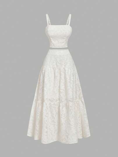 SHEIN MOD 2pcs Embroidered White Maxi Dress, Boho Style With Multilayered Ruffle Hem, Suitable For Dates, Holidays, Picnics, Beach Wear, Comfortable Outfit,Valentines Clothes,Beach Outfits For Woman,Rave Outfits Festival,