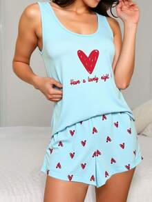 Conjunto de Pijama com Regata e Shorts com Estampa de Coração e Slogan - Azul - Visão 5