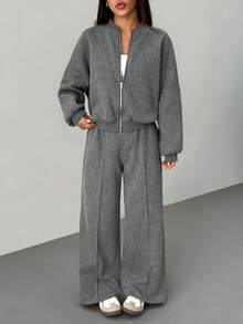 SHEIN PETITE 2025春夏/夏季摇滚音乐节风格女士两件套优雅拉链领长袖外套和直筒运动裤套装，灰色仿雪花印花灰色两件套女士舒适两件套女士灰色两件套运动服 - 深灰色 - 查看 5