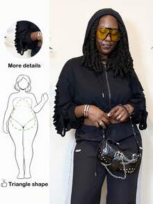 Truni Plus Cut Out Drop Shoulder Drawstring Crop Hoodie Winter Fall Autumn, For Pear Triangle Body Shape - Black - View 1