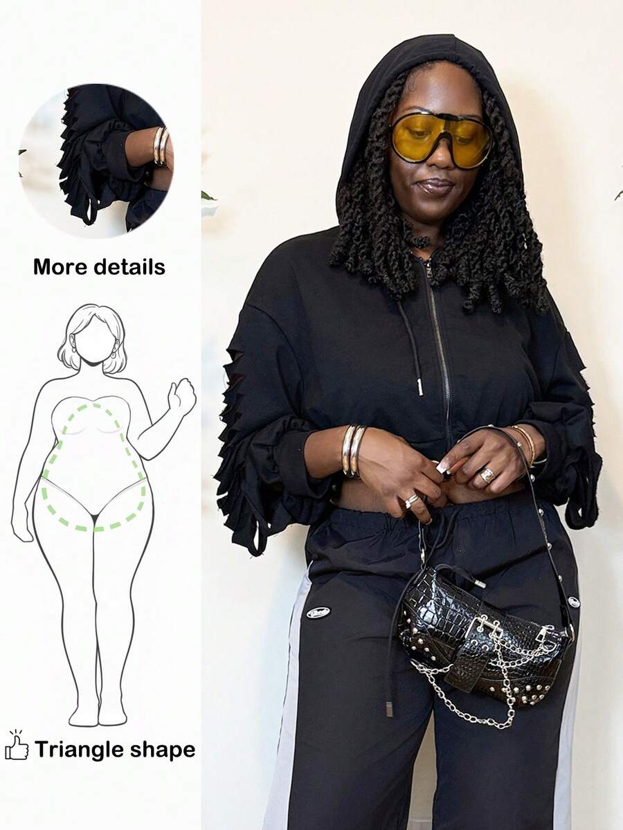 Truni Plus Cut Out Drop Shoulder Drawstring Crop Hoodie Winter Fall Autumn, For Pear Triangle Body Shape - Black - View 1