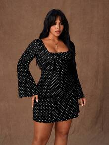Rustia Plus Size Women's New Black Polka Dot Print Flare Sleeve Bodycon Mini Dress With Belt And Backless Design, Romantic Dress, Party Outfit, Elegant, Black Elegant, Fashionable Autumn/Winter, Gothic Style - Multicolor - View 3