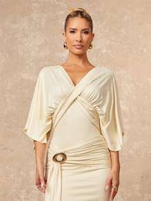 Lumalex 女士优雅黄色扭结设计金属装饰短袖修身喇叭连衣裙，春夏款 - 黃色 - 查看 7