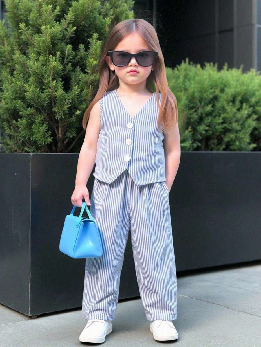 女宝宝夏季度假可爱蓝白条纹上衣和松紧腰阔腿裤套装 - 藍色 - 查看 1