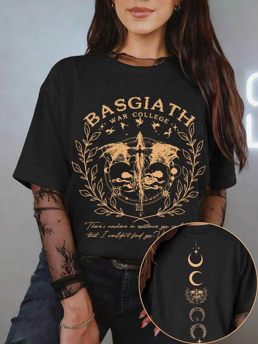 EMERY ROSE Fourth Wing Shirt, Rebecca Yarros, Dragon Rider, Violt Sorrengail, Basgiath War College, ACOTAR Merch, Basgiath Fourth Wing Shirt, Loose Style For Women, Perfect For Holiday Parties & Gift Comfort Fit Short Sleeve Classic T Shirt Printed Graphic Tee Women's Casual Short-Sleeved Top - Black - View 1