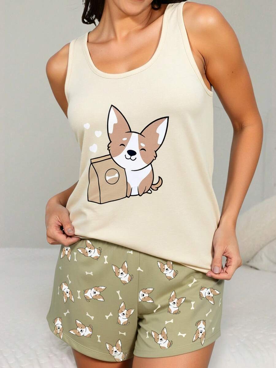 卡通图案背心短裤睡衣套装 - 米色 - 查看 1
