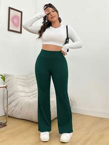 SHEIN PETITE CURVE 加大码纯色弹力腰休闲喇叭裤 - 墨綠色 - 查看 4