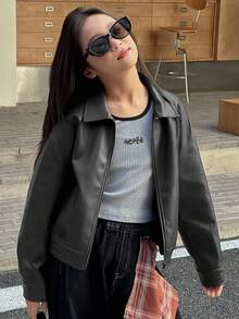 DAZY Chaqueta casual suelta de cuero sintético con cremallera frontal, manga larga y hombros caídos, unicolor, para niña preadolescente, primavera - Negro - Ver 5