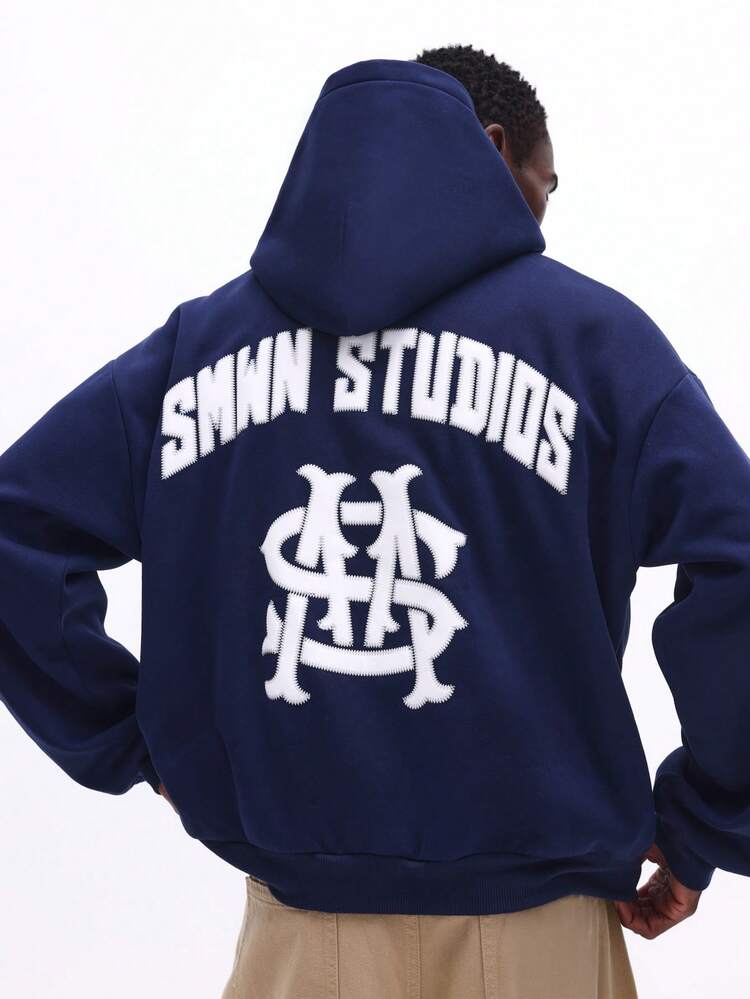 Navy Blue Pullover Hoodie With Logo Print