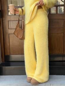 SHEIN EZwear 女士秋冬休闲黄色针织裤 - 黃色 - 查看 4