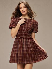 WESTFADE 船领短泡泡袖褶皱腰部荷叶边层叠格子迷你连衣裙，适合冬季、波西米亚风、西部风、假日、圣诞节、新年、纳什维尔牛仔风、休闲、可爱风格。 - 酒紅色 - 查看 6