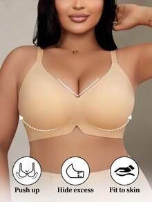 SHEIN 加大码女士柔软支撑无钢圈加垫聚拢文胸 - 香檳色 - 查看 4