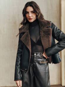 Anewsta Women's Black PU Leather Jacket With Faux Rabbit Fur Collar