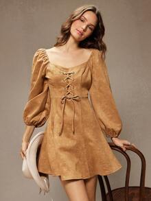 WESTFADE 压花花卉仿麂皮系带长袖修身A字迷你连衣裙，适合冬季、波西米亚风、西部风、假日、圣诞节、新年、纳什维尔牛仔风、休闲、可爱风格 - 棕色 - 查看 1